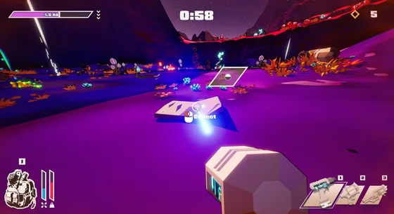 A first-person view of a purple alien landscape, with a collecting tool in hand.