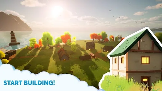 Store picture: a small town on a green coast, with the caption Start building.
