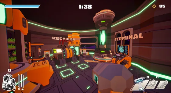 Inside the base, a recycler and a terminal lit in green and orange.