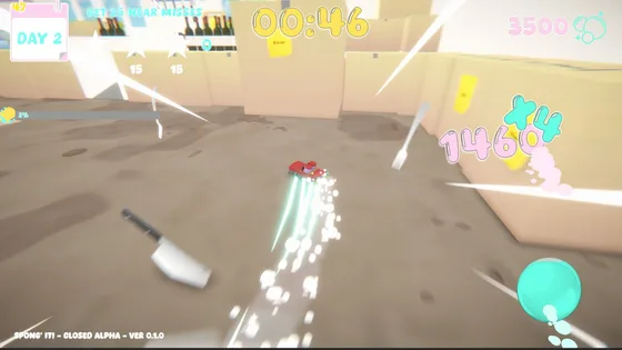 The red RC car drifting across a dirty floor, leaving a trail of bubbles.