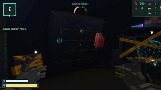 The dark interior of the vessel, with machines and warning tape.