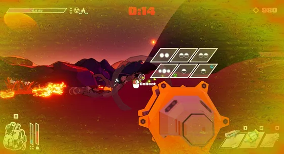 An orange planet seen past the collecting tool, with a prompt to collect.