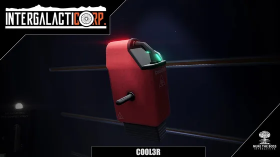 A render of the Cool3r, a red cooling unit with a crank.