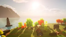 A small town of timber houses on a green coast in Mini City Builder.