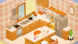 An isometric kitchen from Save My Home, with moving boxes waiting outside.