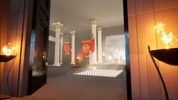A torch-lit Roman hall with white columns and red banners in The New Rome.